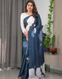 Midnight Blue Satin Georgette White Rose Printed Saree with Attached Blouse ā Elegant Designer Saree for Festive & Evening Wear