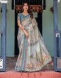 Icy Blue Handloom Cotton Saree with Peach Elephant Motifs & Royal Procession Pallu