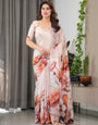 Ivory Beige Satin Georgette Abstract Floral Printed Saree with Attached Blouse – Elegant Designer Saree for Festive & Sophisticated Wear