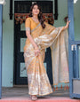 Golden Mustard Handloom Cotton Saree with Floral Vines & Graceful Deer Pallu