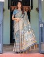 Divine Blue Handloom Cotton Saree with Shankh & Krishna Pallu Motifs – Temple Border & Tassels