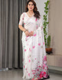 White Satin Georgette Floral Printed Saree with Pink Blossom Border & Attached Blouse ā Elegant Lightweight Designer Drape