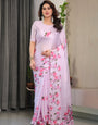 Blush Pink Satin Georgette Floral Printed Saree with Attached Blouse – Soft Cherry Blossom Designer Drape