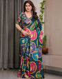Teal Blue Satin Georgette Lotus Medallion Printed Saree with Attached Blouse – Multicolour Floral Designer Drape