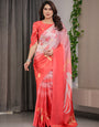 Coral Red & Blush Pink Heart Printed Satin Georgette Saree with Romantic Couple Pallu and Attached Heart Print Blouse – 5.5 Meter Designer Saree for Valentine’s Day & Anniversary Wear