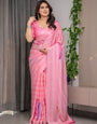 Soft Blush Pink Satin Georgette Saree with Abstract Stripe Texture, Heart Motifs and Attached Pink Checkered Blouse – 5.5 Meter Romantic Designer Saree for Valentine’s Day & Anniversary Wear