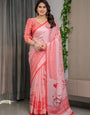 Blush Pink Satin Georgette Saree with Romantic Couple Illustration Pallu, Love Typography and Attached Red Checkered Blouse – 5.5 Meter Designer Saree for Valentine’s Day & Anniversary Wear