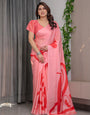 Blush Pink Satin Georgette Saree with Bold Red Heart & Love Typography Pallu and Attached Coral Red Geometric Blouse – 5.5 Meter Romantic Designer Saree for Valentine’s Day & Anniversary Wear