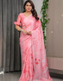 Blush Pink Satin Georgette Saree with All-Over Love Typography Print and Attached Matching Printed Blouse – 5.5 Meter Romantic Designer Saree for Valentine’s Day & Anniversary Wear