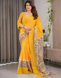 Sunshine Yellow Cotton Linen Saree with Madhubani Pallu & Zari Border | With Blouse Piece