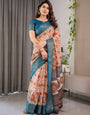 Off-White Cotton Linen Saree with Teal Zari Border & Multicolor Floral Mandala Print | With Blouse Piece