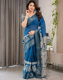 Indigo Blue Cotton Linen Saree with White Peacock Print & Zari Border | Ethnic Wear with Blouse Piece