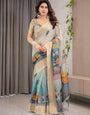 Cream & Teal Cotton Linen Saree with Zari Border & Royal Procession Digital Print | With Blouse Piece