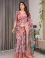 Dusty Rose Cotton Linen Saree with Floral Motifs & Radha Krishna Digital Pallu | Zari Border | With Blouse
