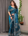 Teal Blue Fendi Satin Floral Block & Foil Printed Saree with Ornamental Border, Tassel Edges & Attached Blouse