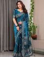 Teal Blue Fendi Satin Floral Block & Foil Printed Saree with Ornamental Border, Tassel Edges & Attached Blouse