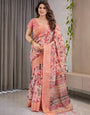 Peach Pink Cotton Linen Saree with Zari Border & Tribal Pallu | Floral Print | With Blouse