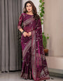Wine Purple Fendi Satin Floral Block & Foil Printed Saree with Ornamental Border, Tassel Edges & Attached Blouse