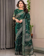 Bottle Green Fendi Satin Floral Block & Foil Printed Saree with Ornamental Border, Tassel Edges & Attached Blouse