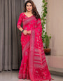 Rani Pink Fendi Satin Leafy Floral Block & Foil Printed Saree with Ornamental Border, Tassel Edges & Attached Blouse