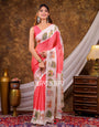 Vantara Coral Pink Satin Chiffon Printed Saree with Wildlife & Nature Print, Designer Tassel Pallu & Matching Blouse Piece