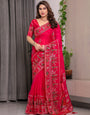 Royal Rani Pink Fendi Satin Peacock & Floral Block and Foil Printed Saree with Traditional Border, Tassel Edges & Attached Blouse