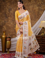Vantara Mustard Yellow Satin Chiffon Printed Saree with Nature & Wildlife Print, Designer Tassel Pallu & Matching Blouse Piece