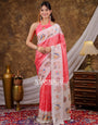 Vantara Coral Pink Satin Chiffon Printed Saree with Bird & Nature Print, Designer Tassel Pallu & Matching Blouse Piece
