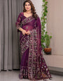 Royal Wine Purple Fendi Satin Peacock & Floral Block and Foil Printed Saree with Traditional Border, Tassel Edges & Attached Blouse