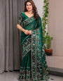 Emerald Green Fendi Satin Peacock & Heritage Motif Block and Foil Printed Saree with Traditional Border, Tassel Edges & Attached Blouse