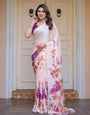 Ivory Multi-Floral Printed Satin Georgette Saree with Contrast Purple Blouse – Elegant Festive & Party Wear