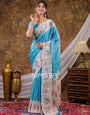 Vantara Aqua Blue Satin Chiffon Printed Saree with Bird & Nature Print, Designer Tassel Pallu & Matching Blouse Piece