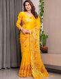 Mustard Yellow Fendi Satin Peacock & Heritage Motif Block and Foil Printed Saree with Rich Pallu, Tassel Edges & Attached Blouse