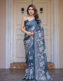 Steel Blue Floral Printed Satin Georgette Saree with Matching Blouse – Elegant Party & Evening Wear