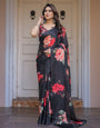 Black Red Floral Printed Satin Georgette Saree with Designer Blouse – Party & Evening Wear