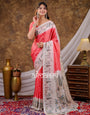 Vantara Coral Red Satin Chiffon Printed Saree with Botanical Nature Print, Designer Tassel Pallu & Matching Blouse Piece
