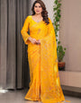 Sunshine Yellow Fendi Satin Block & Foil Print Saree with Attached Blouse & Tassel Detailing