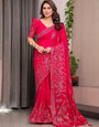 Rani Pink Fendi Satin Block & Foil Print Saree with Attached Blouse & Tassel Detailing