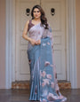Pastel Grey & Teal Floral Printed Satin Georgette Saree with Designer Pallu & Blouse – Elegant Party & Occasion Wear