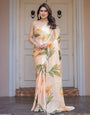 Champagne Peach Satin Georgette Floral Printed Saree with Matching Printed Blouse & Statement Botanical Pallu | Elegant Soft Party Wear Saree