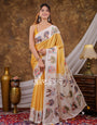 Vantara Mustard Yellow Satin Chiffon Printed Saree with Royal Elephant & Peacock Heritage Print, Designer Tassel Pallu & Matching Blouse Piece
