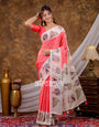 Vantara Coral Pink Satin Chiffon Printed Saree with Royal Elephant & Peacock Heritage Print, Designer Tassel Pallu & Matching Blouse Piece