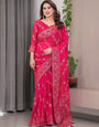 Rose Pink Fendi Satin Block & Foil Print Saree with Attached Blouse & Tassel Detailing