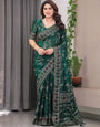 Bottle Green Fendi Satin Block & Foil Print Saree with Floral Motifs, Attached Blouse & Tassel Pallu