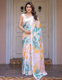 White Tropical Leaf Printed Satin Georgette Saree with Matching Blouse – Fresh Summer Party & Day Wear