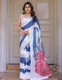 White & Steel Blue Abstract Floral Printed Satin Georgette Saree with Matching Blouse ā Modern Party & Evening Wear