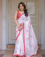 White Pastel Blossom Printed Satin Georgette Saree with Contrast Pink Border & Matching Blouse ā Elegant Day & Party Wear