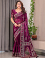Wine Plum Fendi Satin Block & Foil Print Saree with Traditional Motif Border & Tassel Detail Blouse
