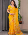 Mustard Yellow Fendi Satin Block & Foil Print Saree with Traditional Motif Border & Tassel Detail Blouse