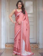 Coral Peach Minimal Floral Satin Georgette Saree with Soft Border & Unstitched Blouse – Elegant Day & Occasion Wear